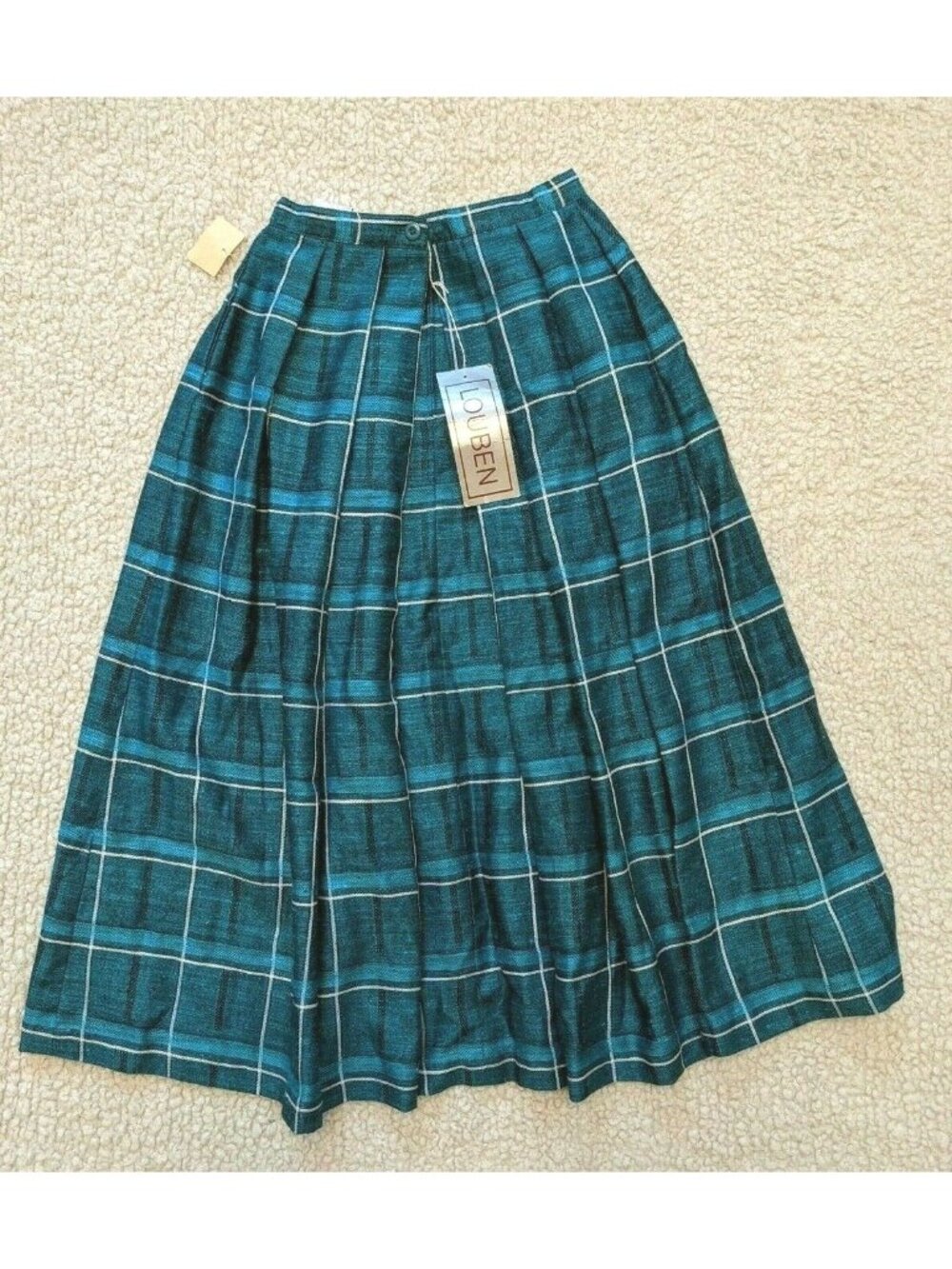 Vintage NEW Louben Women Skirt Blue Midi Plaid Pleated Linen Blend Size 6